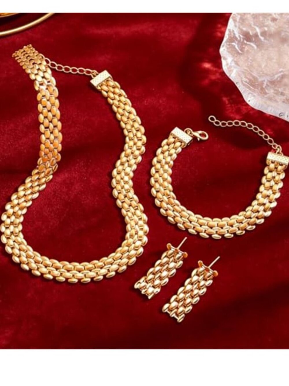 14K Gold Plated Chunky Jewelry Set Necklace Bracelet Earrings 3 Piece Women - Picture 2 of 5